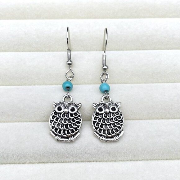 Silver Perched Owl on Branch with Blue Turquoise Beaded Dangling Hook Earrings - Picture 3 of 7